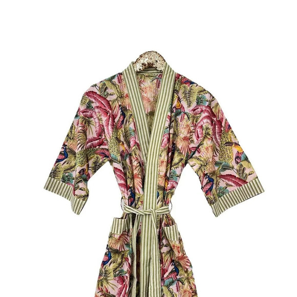 Cotton Block Print Robe Parrots Peacocks Design - Picture 2 of 5